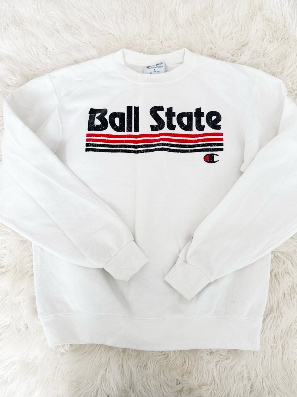 Champion White Ball State Crewneck with Red & Black Stripes